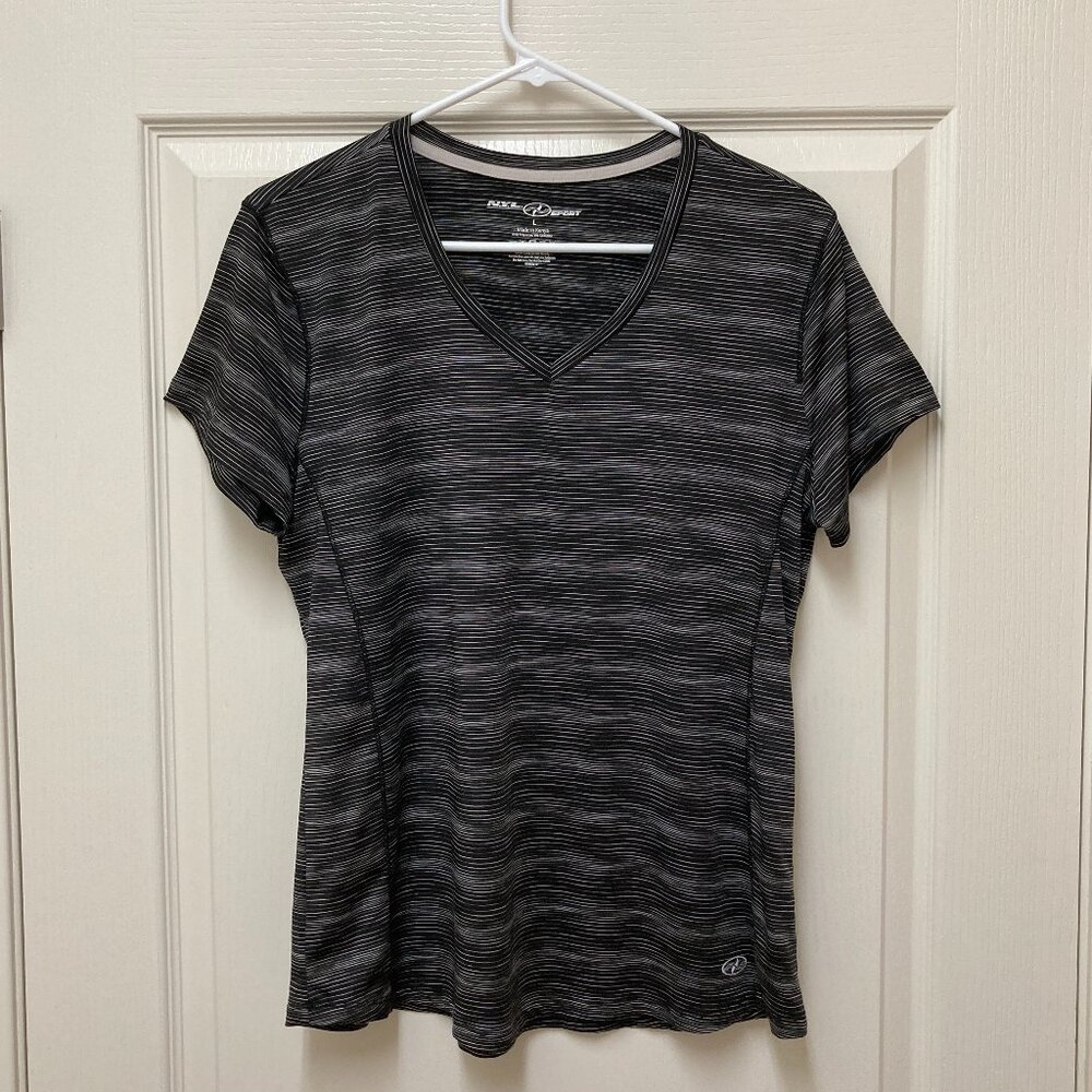 NYL Sport Womens Large Athletic Top Gray & Black Mottled Spotted Crossfit